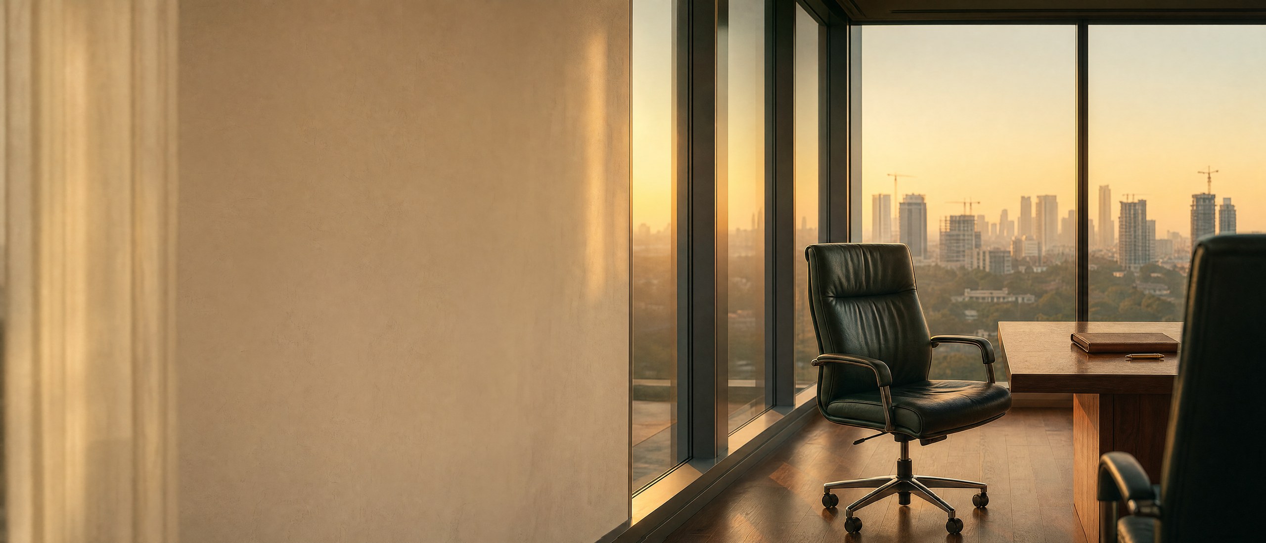 An empty corner office at dawn, one leather chair facing a skyline of cranes