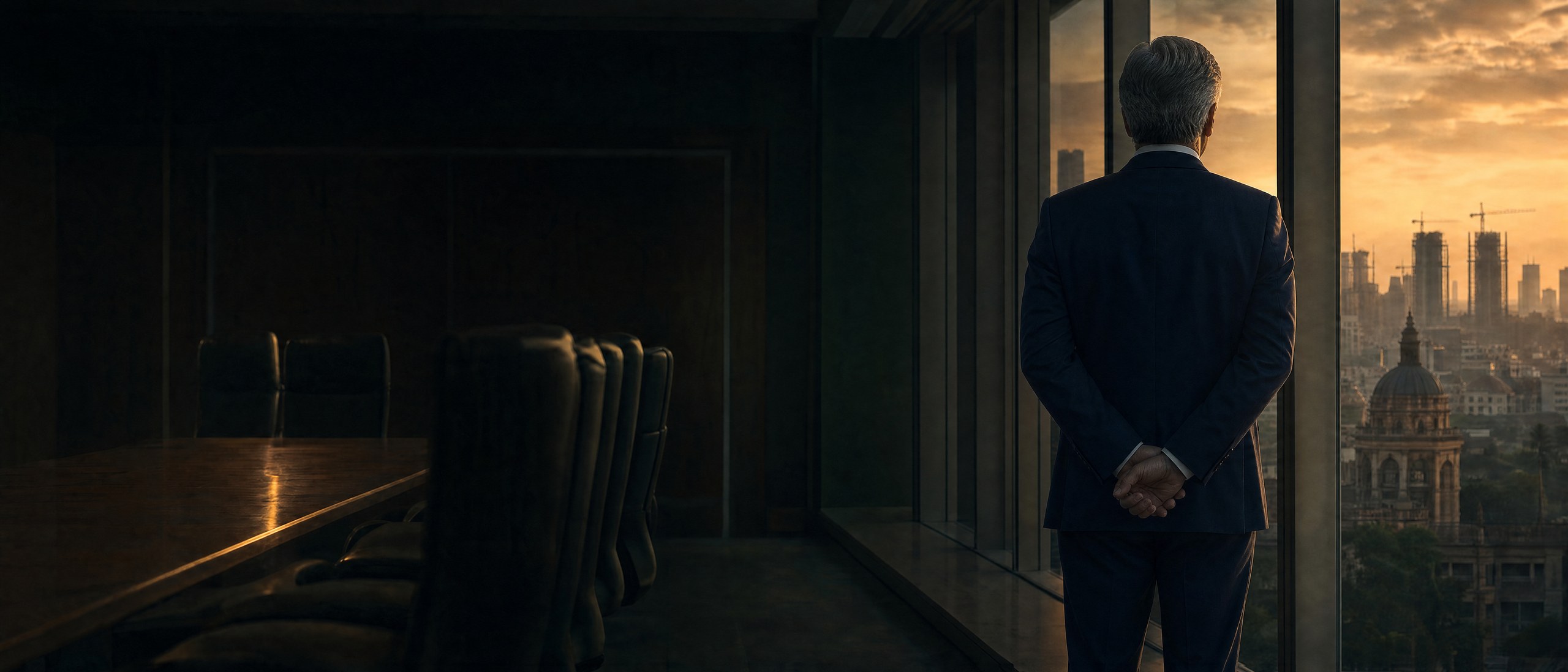 A managing director at the boardroom window at dusk