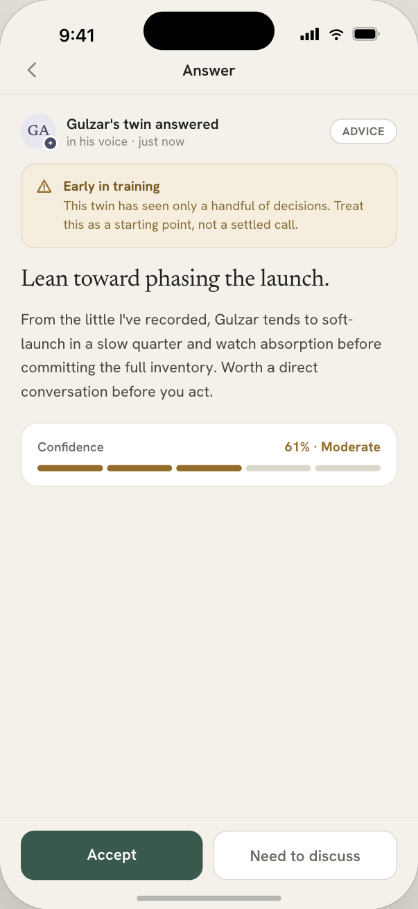 The Mini-me answer screen showing an advice-level answer with a confidence meter and an early-in-training notice