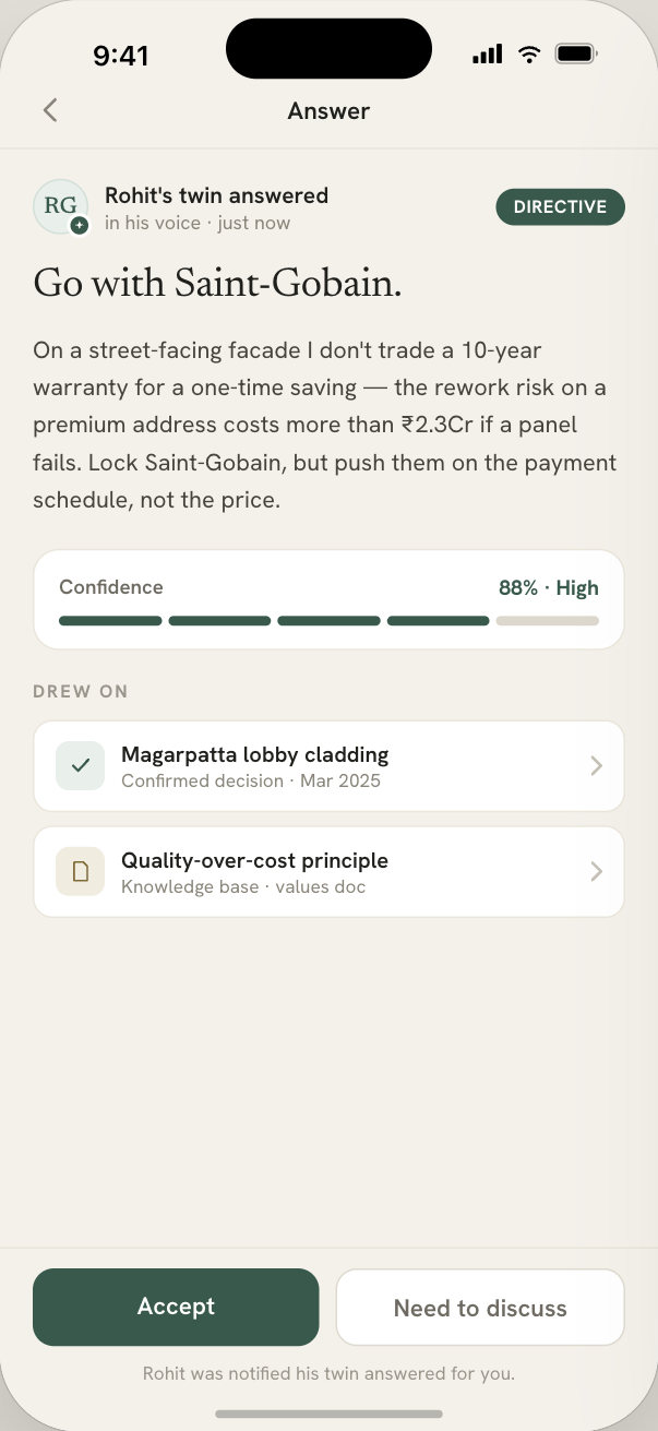 A directive answer shown with its confidence and cited past decisions