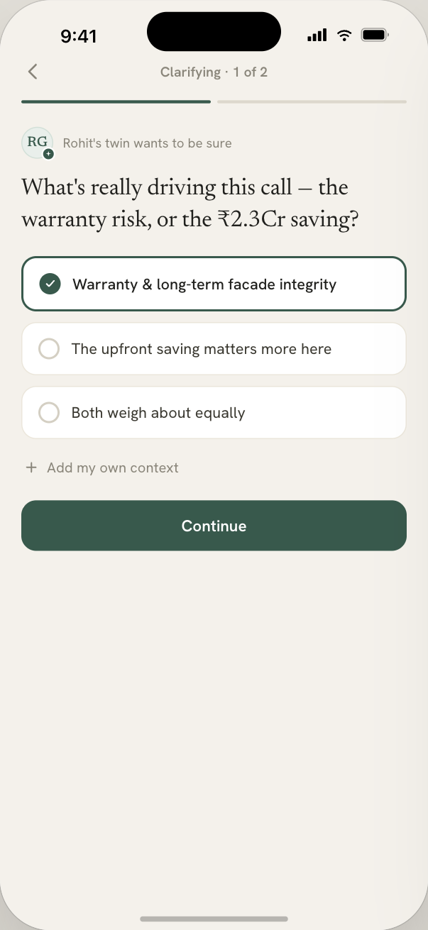 The twin returning one bounded multiple-choice clarifying question