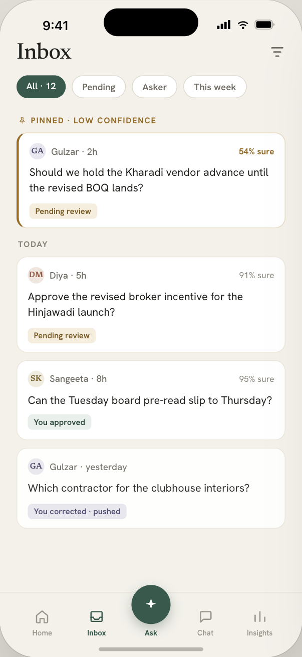 The owner's inbox of answers his twin has given, low-confidence ones pinned first