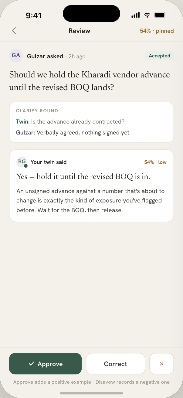 The owner reviewing an answer before the asker acts on it